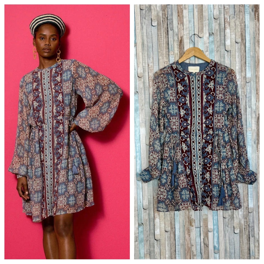 Carolina K xs Josefina Short Dress Mini Tunic‎ Peasant Boho Scarf Print $450